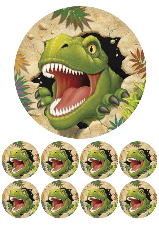 Eetbare print - 17,5 cm rond + 8 rondjes 5 cm - Dinosaurus