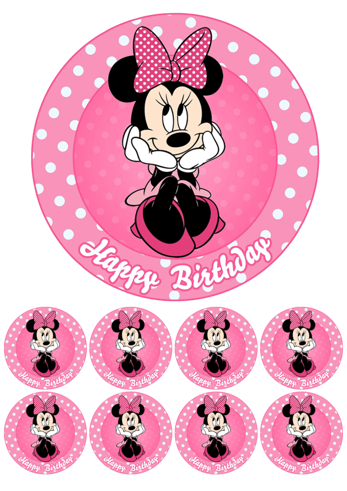 Eetbare print - 17,5 cm rond + 8 rondjes 5 cm - Happy Birthday muis roze
