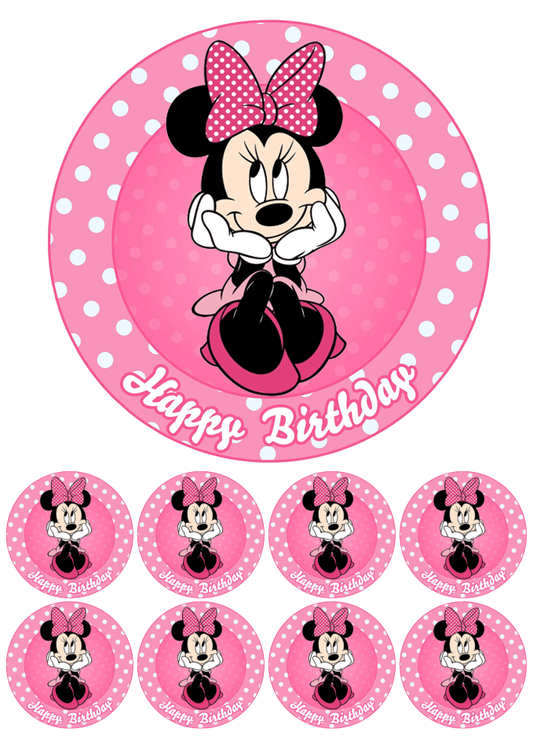 Eetbare print - 17,5 cm rond + 8 rondjes 5 cm - Happy Birthday muis roze