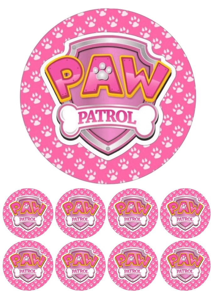 Eetbare print - 17,5 cm rond + 8 rondjes 5 cm - Honden club logo roze
