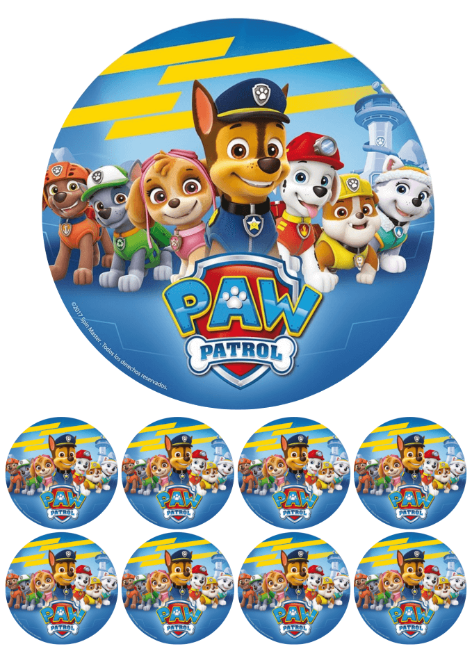 Eetbare print - 17,5 cm rond + 8 rondjes 5 cm - Honden club blauw