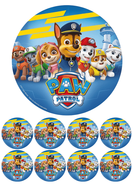 Eetbare print - 17,5 cm rond + 8 rondjes 5 cm - Honden club blauw