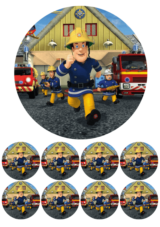 Eetbare print - 17,5 cm rond + 8 rondjes 5 cm - Brandweerman
