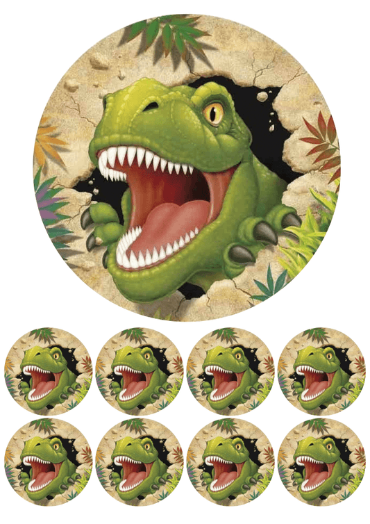 Eetbare print - 17,5 cm rond + 8 rondjes 5 cm - Dinosaurus