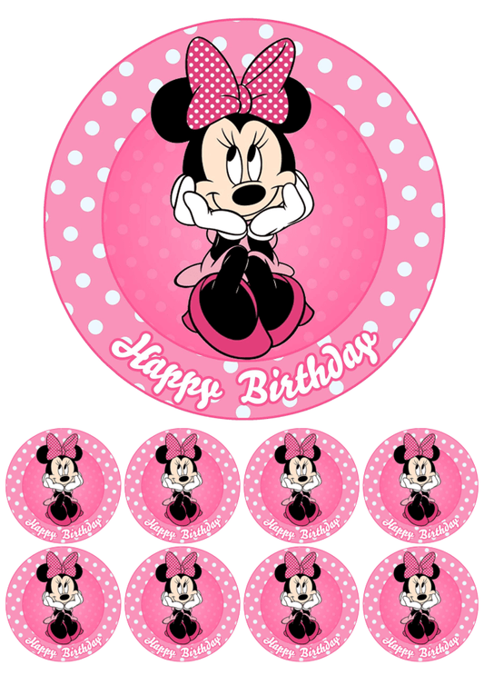 Eetbare print - 17,5 cm rond + 8 rondjes 5 cm - Happy Birthday muis roze