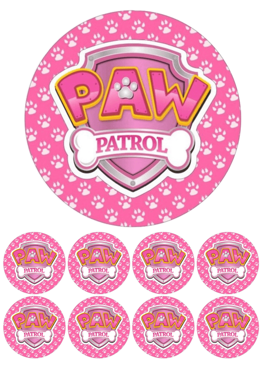 Eetbare print - 17,5 cm rond + 8 rondjes 5 cm - Honden club logo roze