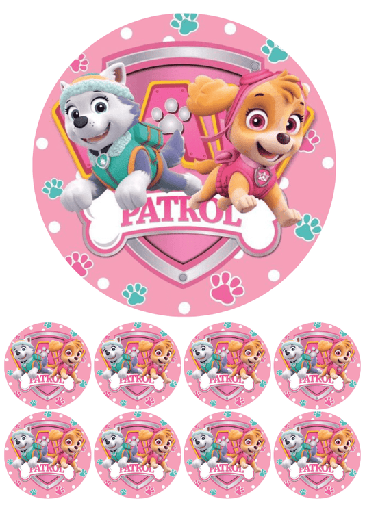 Eetbare print - 17,5 cm rond + 8 rondjes 5 cm - Honden club roze