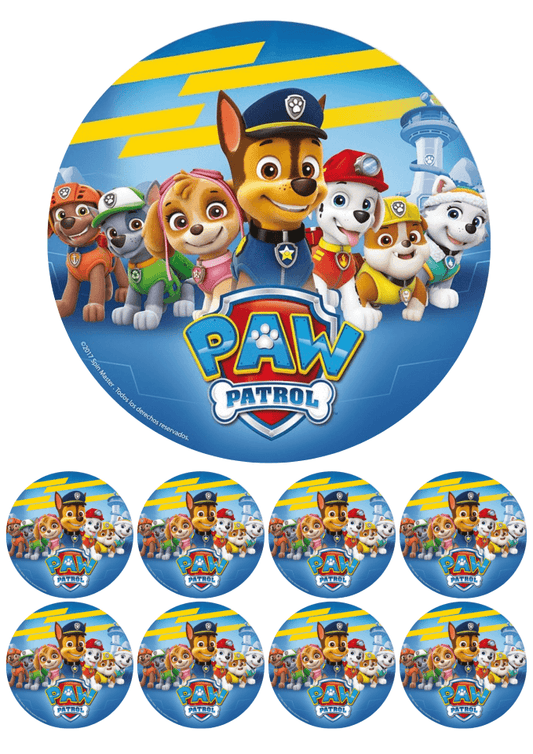 Eetbare print - 17,5 cm rond + 8 rondjes 5 cm - Honden club blauw