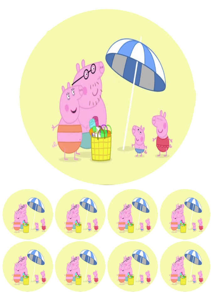 Eetbare print - 17,5 cm rond + 8 rondjes 5 cm - Biggetjes familie strand
