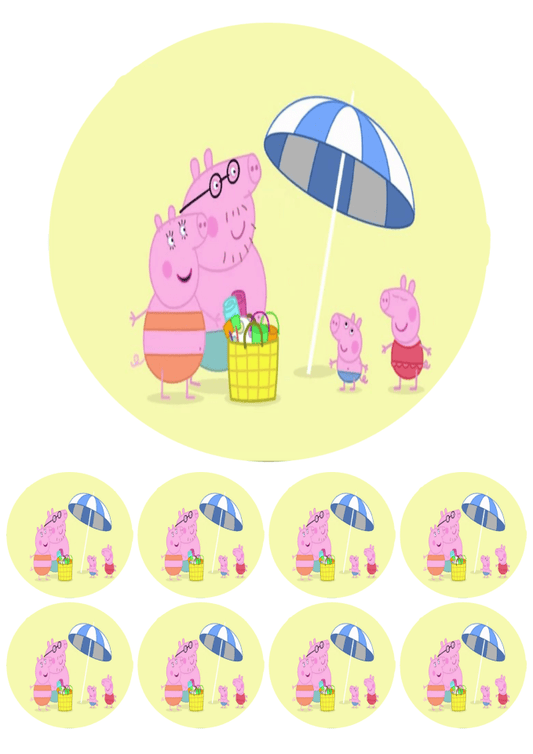 Eetbare print - 17,5 cm rond + 8 rondjes 5 cm - Biggetjes familie strand