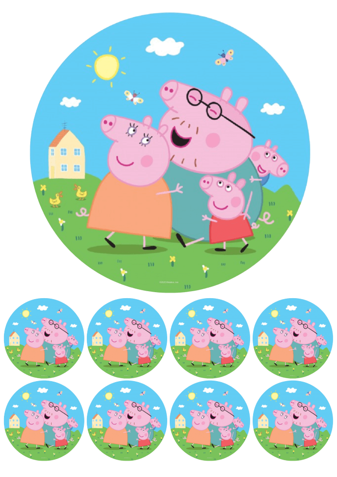 Eetbare print - 17,5 cm rond + 8 rondjes 5 cm - Biggetjes familie tuin