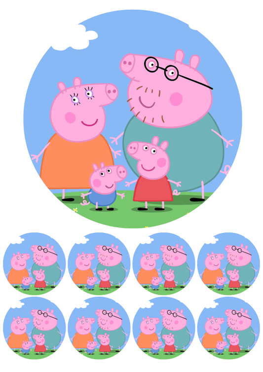 Eetbare print - 17,5 cm rond + 8 rondjes 5 cm - Biggetjes familie