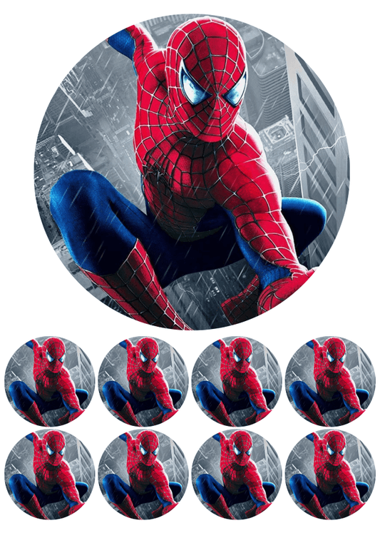 Eetbare print - 17,5 cm rond + 8 rondjes 5 cm - Spinnenman 2