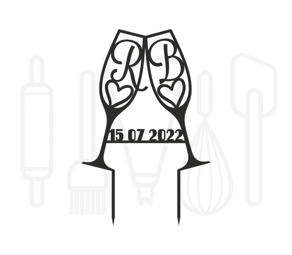 Taarttopper - Champagneglazen + initialen + datum