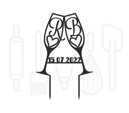 Taarttopper - Champagneglazen + initialen + datum