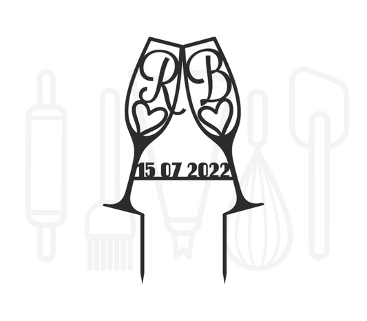 Taarttopper - Champagneglazen + initialen + datum