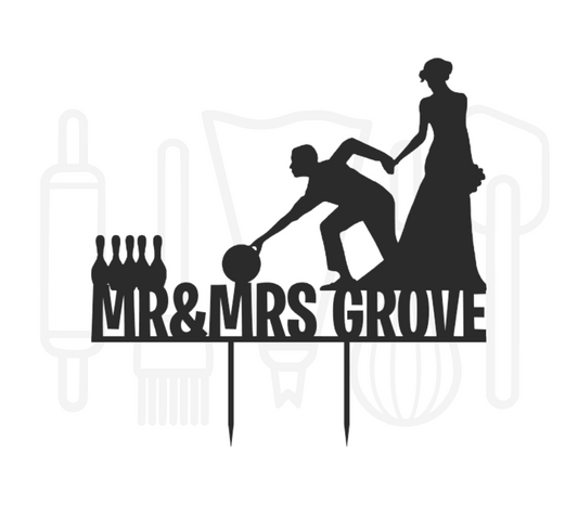 Taarttopper - Bowlend bruidspaar mr & mrs + achternaam