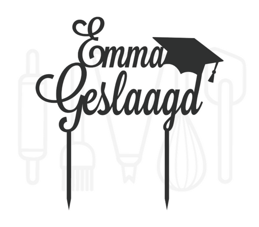 Taarttopper - Geslaagd met hoedje + voornaam