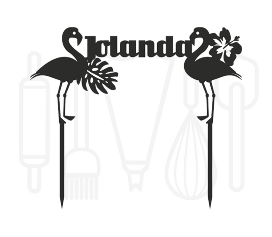Taarttopper - Flamingo's + voornaam met tropische bladeren