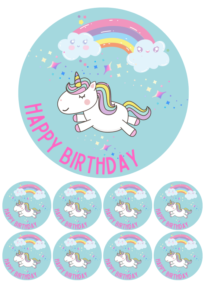 Eetbare print - 17,5 cm rond + 8 rondjes 5 cm - Happy birthday eenhoorn