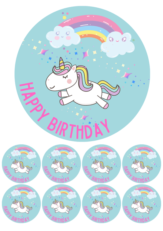 Eetbare print - 17,5 cm rond + 8 rondjes 5 cm - Happy birthday eenhoorn