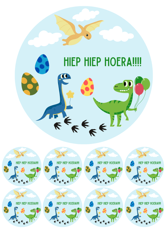 Eetbare print - 17,5 cm rond + 8 rondjes 5 cm - Hiep hiep hoera dinosaurus
